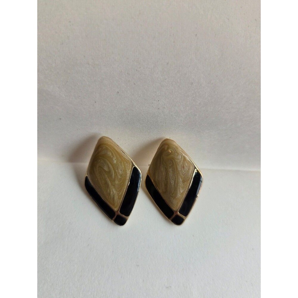 vintage art deco style gold tone black cream geometric enamel earrings 80s